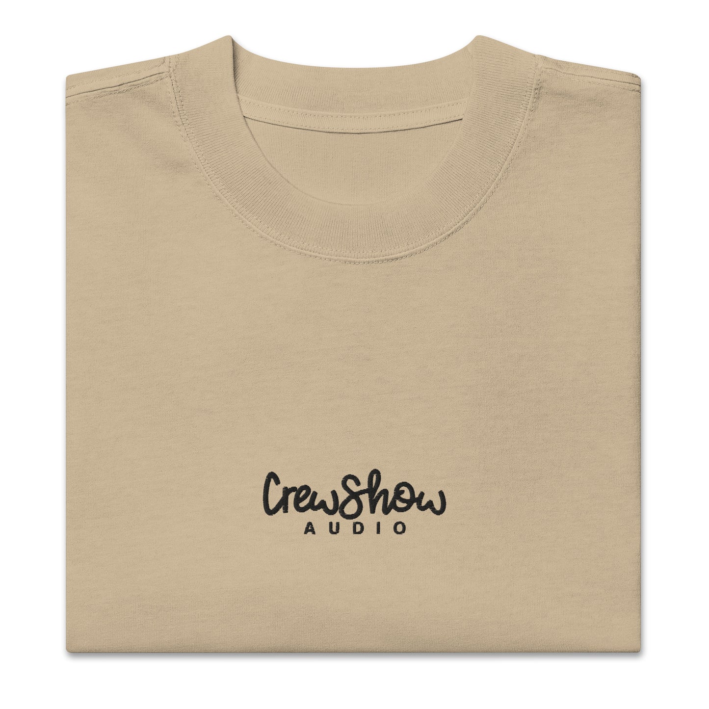 Crew Show Flow Script style embroidered t-shirt. Front view of folded khaki coloured t-shirt which has Crew Show Audio embroidered on it.