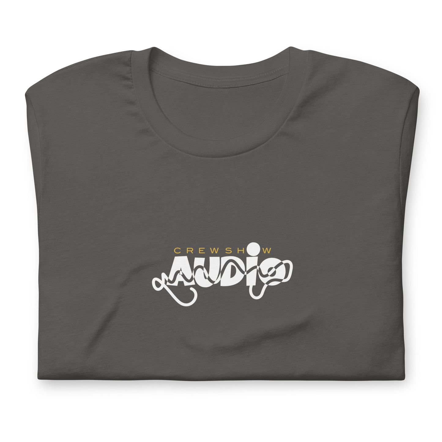 Selektor 2 tone graphic t-shirt. Front view of folded asphalt colour t-shirt with a graphic that says AUDIO.