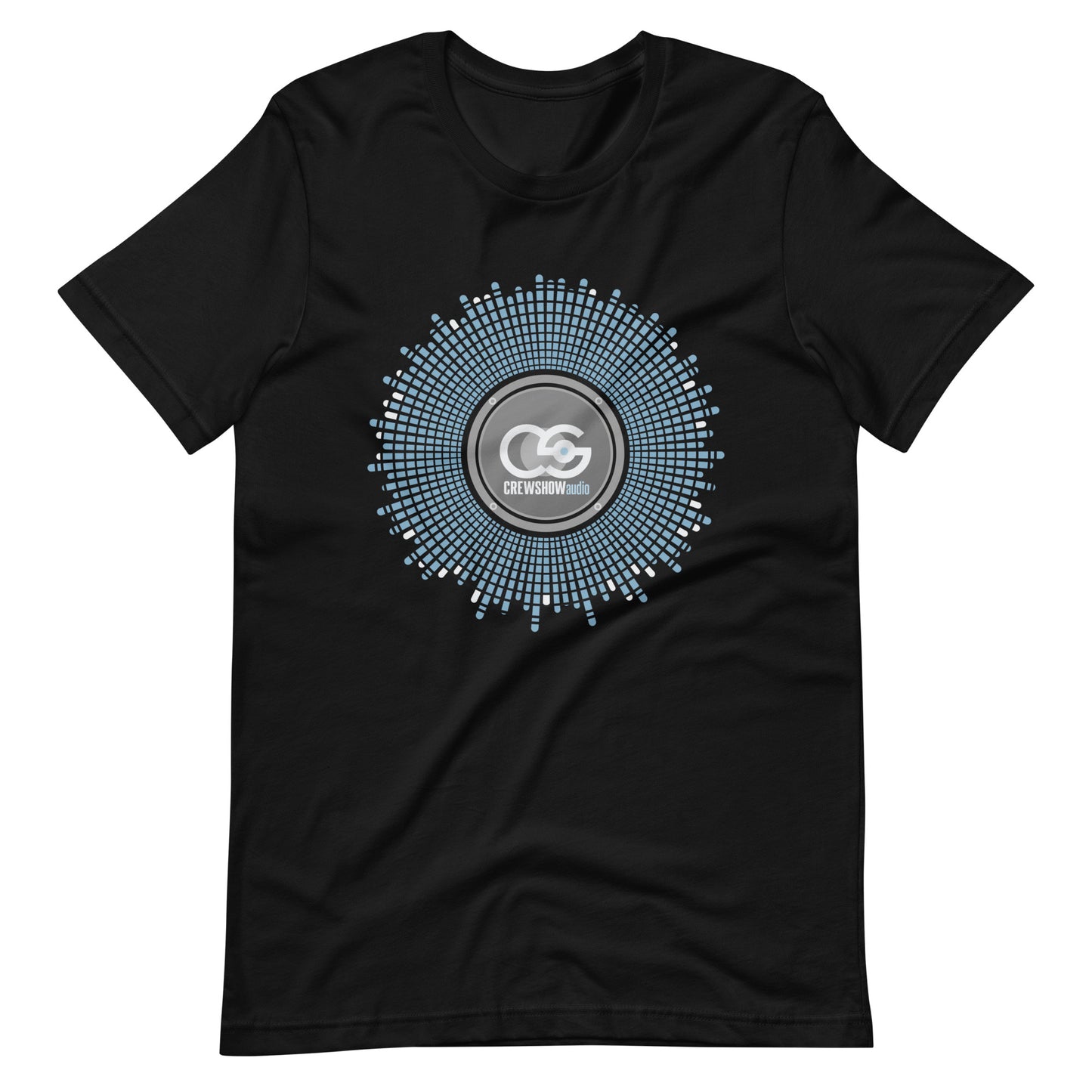 Bass driver sound explosion graphic T-shirt. Front view of an open black colour t-shirt with a graphic image of a loudspeaker driver cone.
