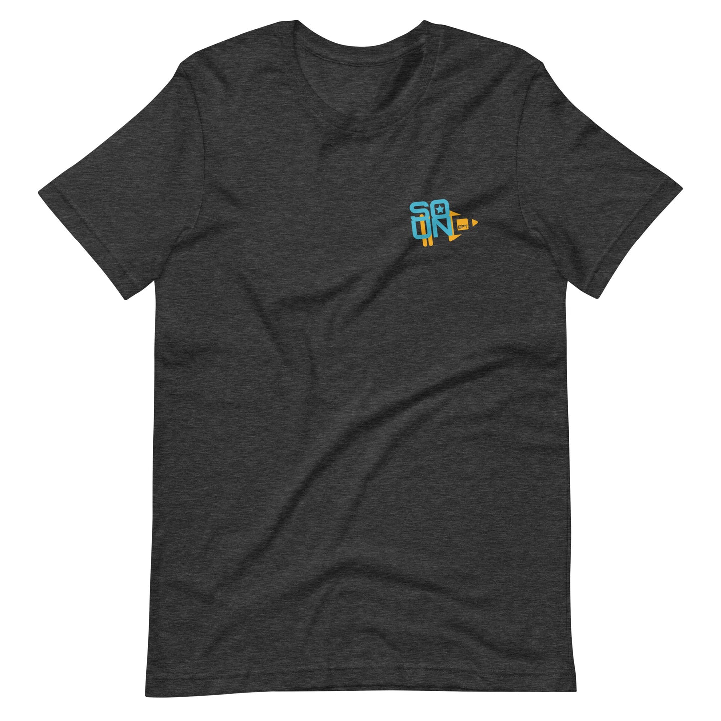 Crew Show Audio Sound Dept No.4 graphic t-shirt. Front view of open dark grey t-shirt with a graphic that says SOUND DEPT.