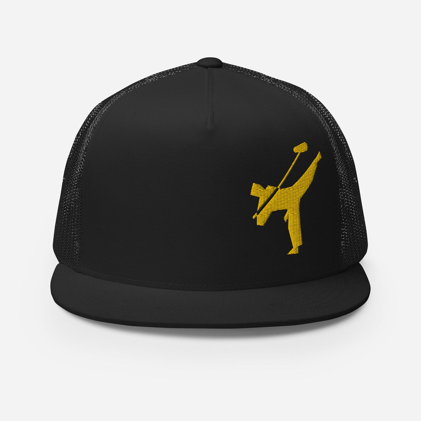 Art Form Gold Boom operator Mesh Snapback Cap. Front view of a black snapback cap with a gold colour graphic of a martial arts fighter, kicking up into the air, while holding a boom microphone.