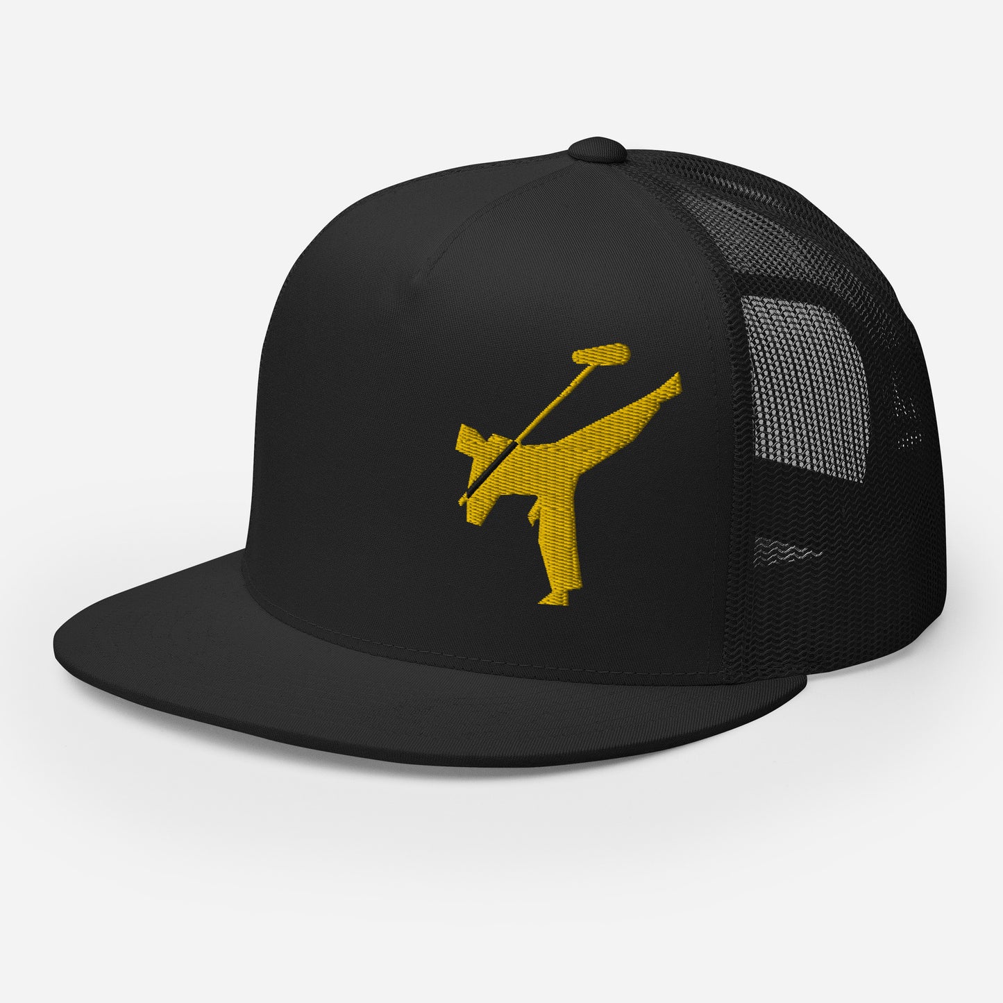 Art Form Gold Boom operator Mesh Snapback Cap. Front left view of a black snapback cap with a gold colour graphic of a martial arts fighter, kicking up into the air, while holding a boom microphone.