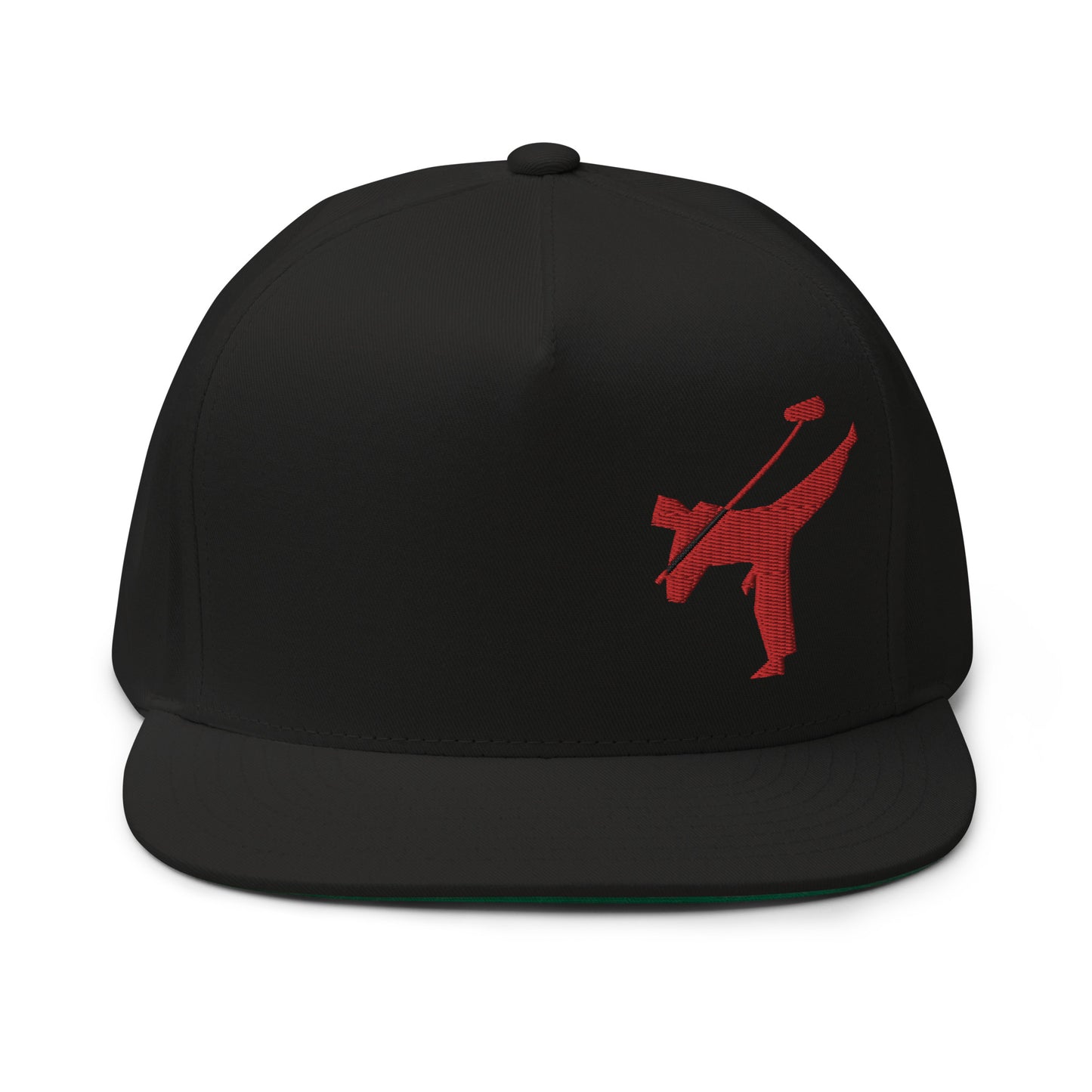 Art Form Red, Boom operator, Snapback cap. Front view of black cap with embroidered graphic of a red martial arts fighter kicking up into the air.