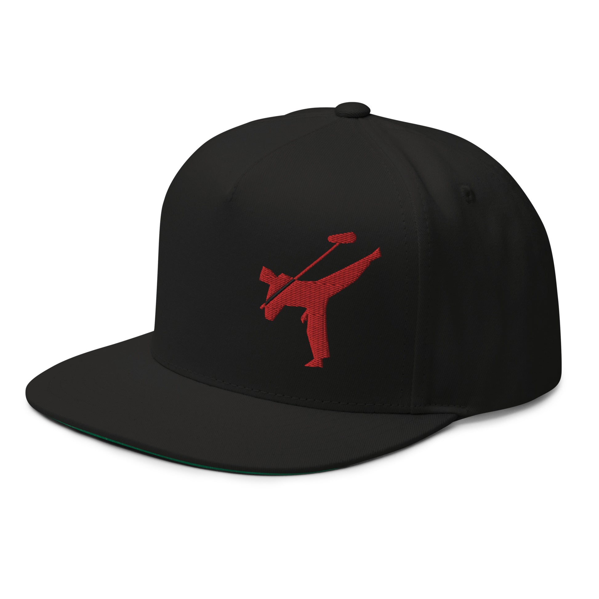 Art Form Red, Boom operator, Snapback cap. Left side view of black cap with embroidered graphic of a red martial arts fighter kicking up into the air.