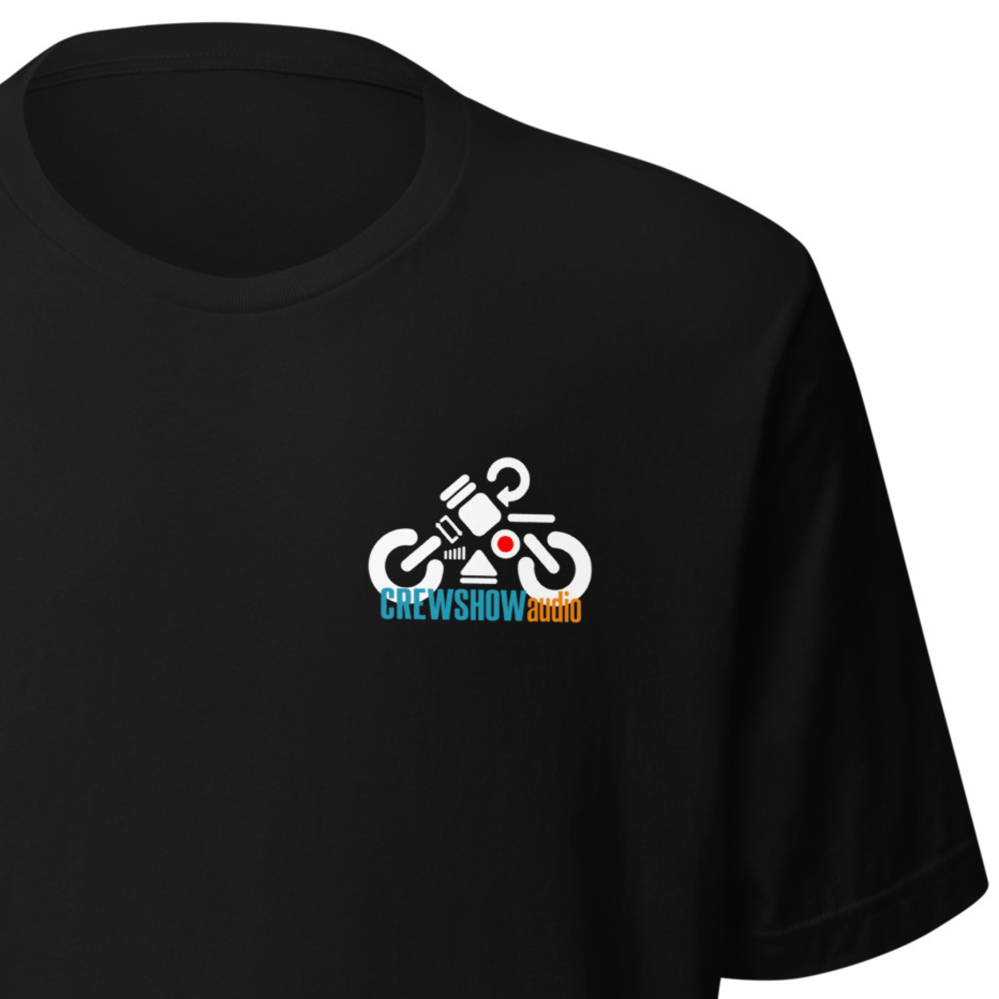 Audi Icons Biker graphic T-shirt. Front view close up of a black t-shirt with a graphic image of a motorbike made up of audio control symbols, on the left breast pocket.