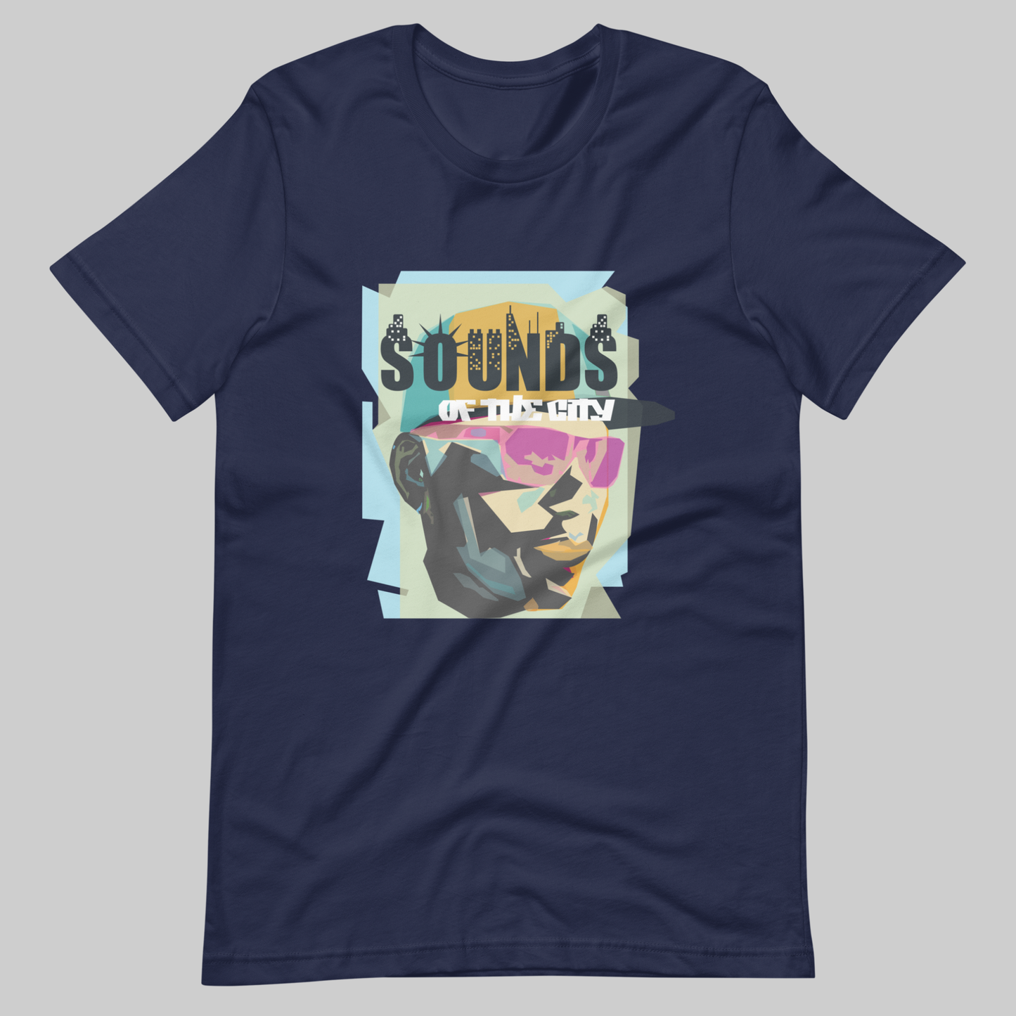 New York City Sounds Emcee classic t-shirt. Front view of a navy colour T-shirt with a graphic showing the face of a rap artist.