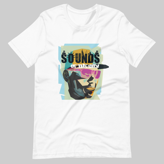 New York City Sounds Emcee classic t-shirt. Front view of a white colour T-shirt with a graphic showing the face of a rap artist.