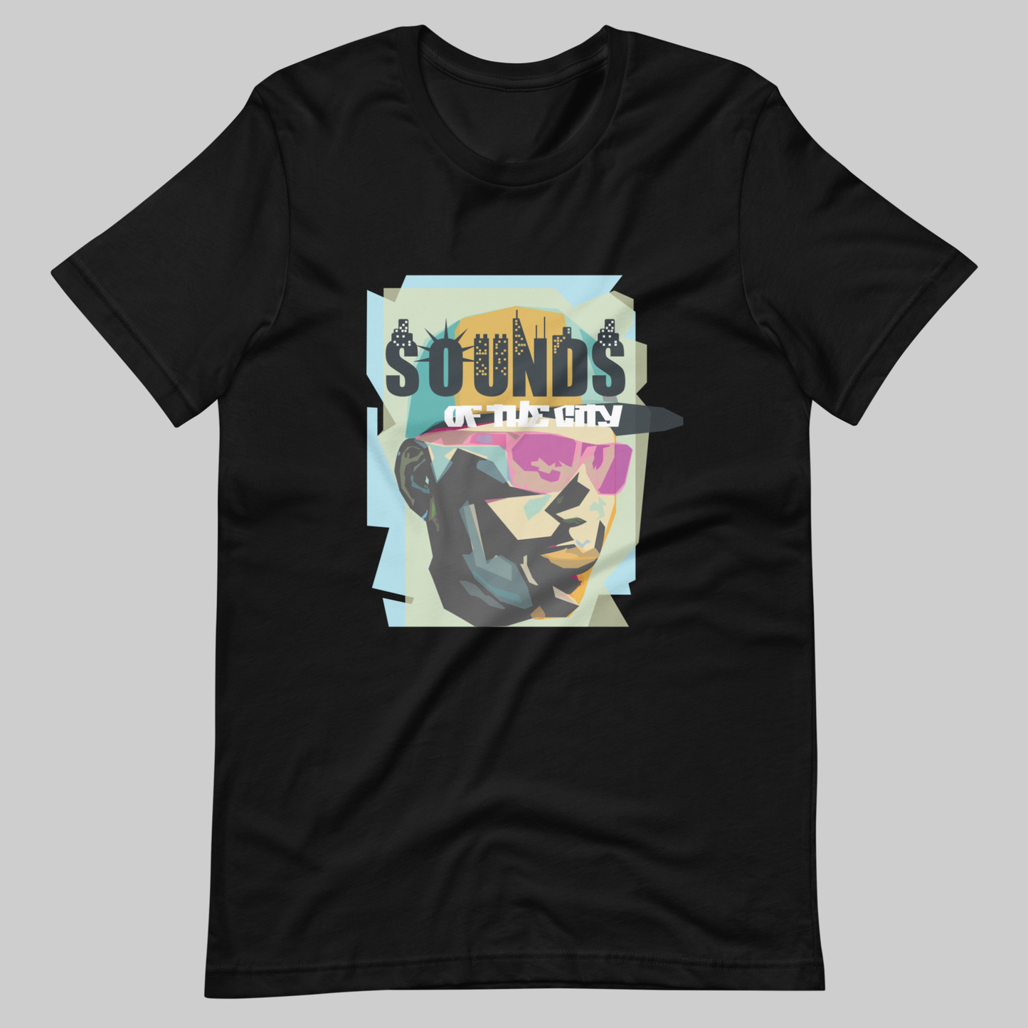 New York City Sounds Emcee classic t-shirt. Front view of a black colour T-shirt with a graphic showing the face of a rap artist.