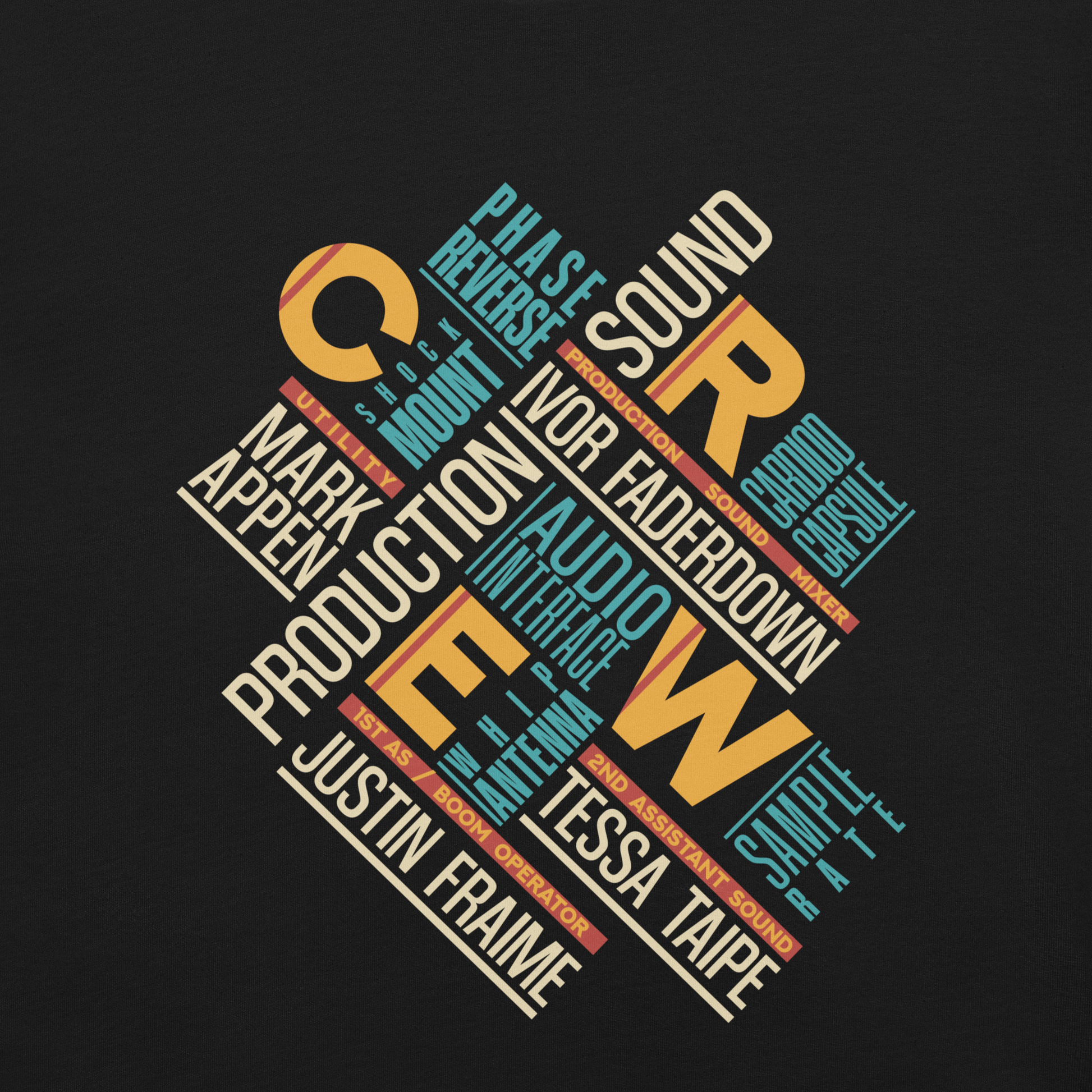 Credits Film Sound Crew graphic t-shirt. Big close up of a colourful typographic design on black material.