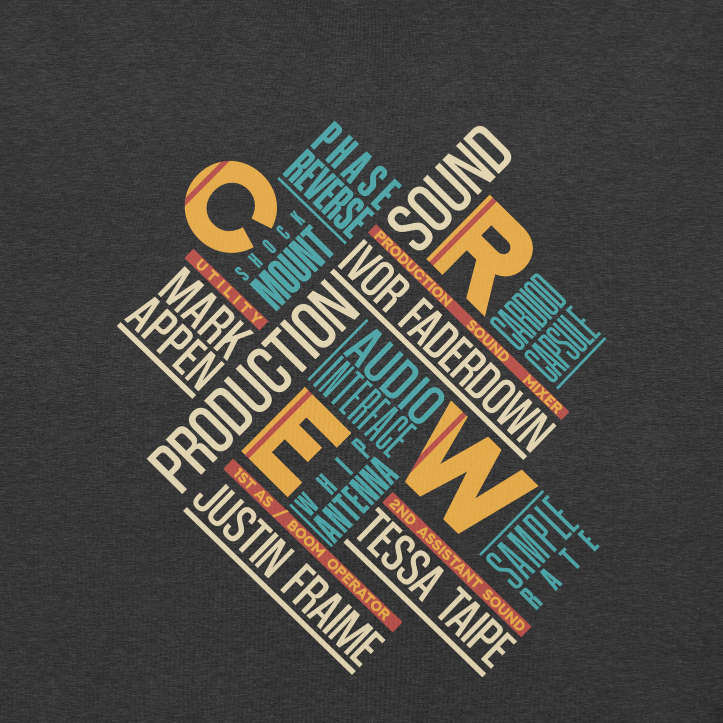 Credits Film Sound Crew graphic t-shirt. Big close up of a colourful typographic design on grey material.