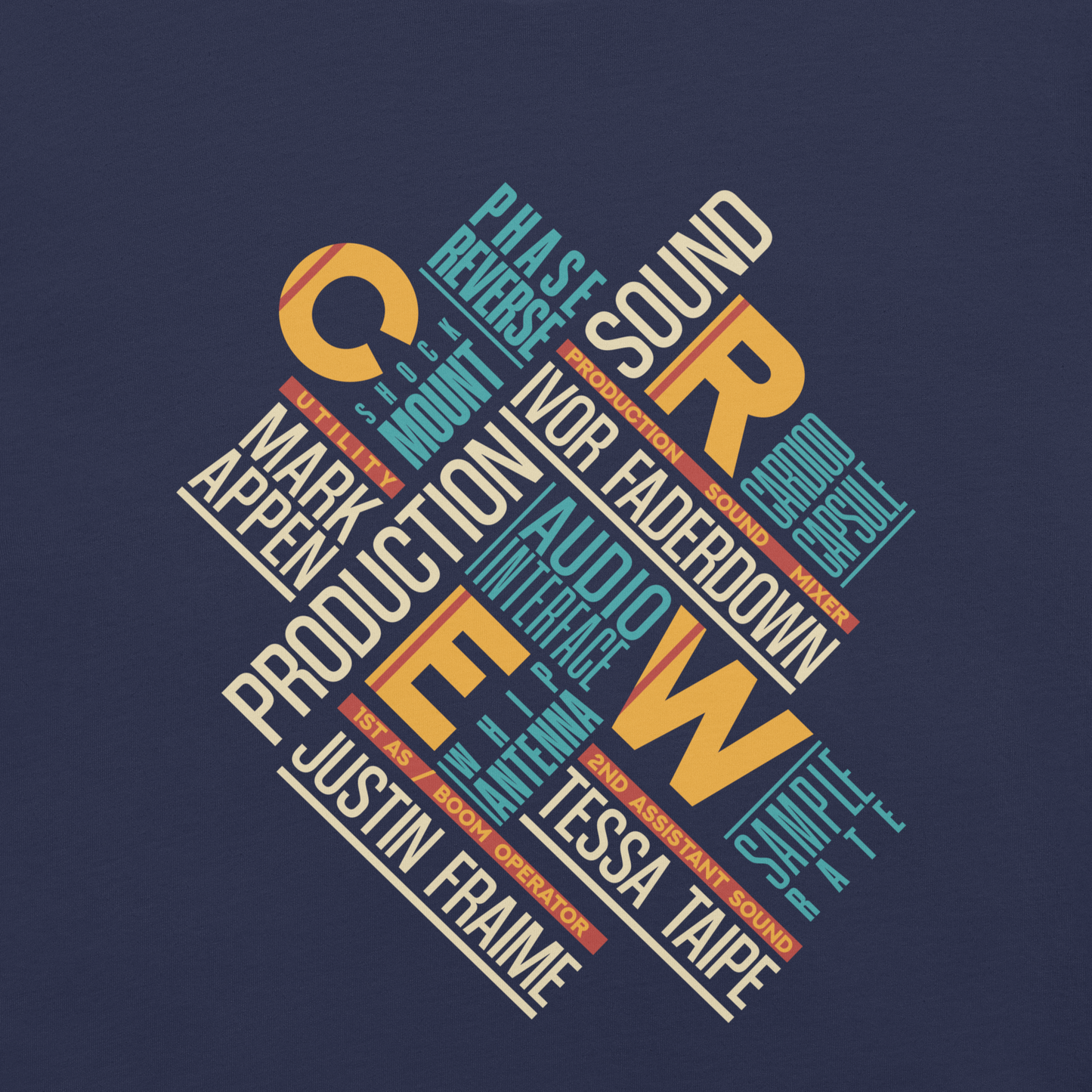 Credits Film Sound Crew graphic t-shirt. Big close up of a colourful typographic design on navy material.