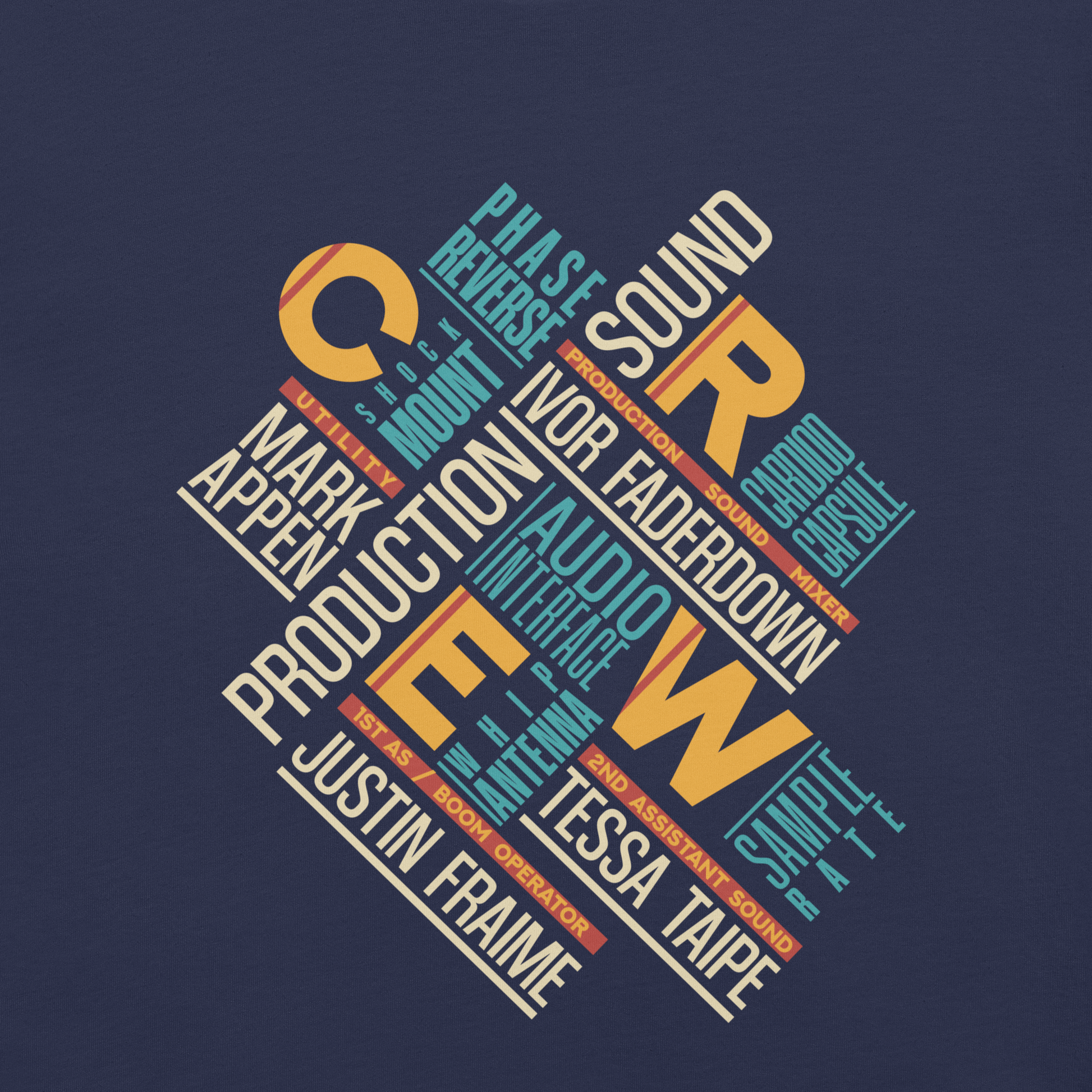 Credits Film Sound Crew graphic t-shirt. Big close up of a colourful typographic design on navy material.