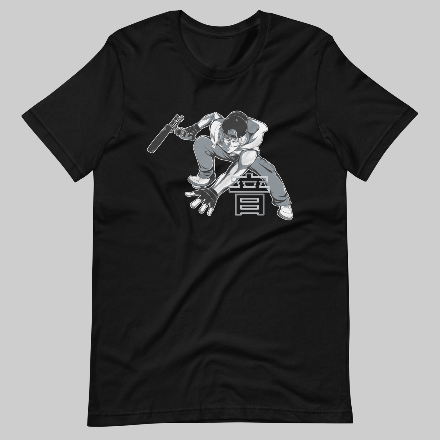 Kenji manga art Sound man Action hero t-shirt. Front view of open black t-shirt with graphic image of Manga hero character.