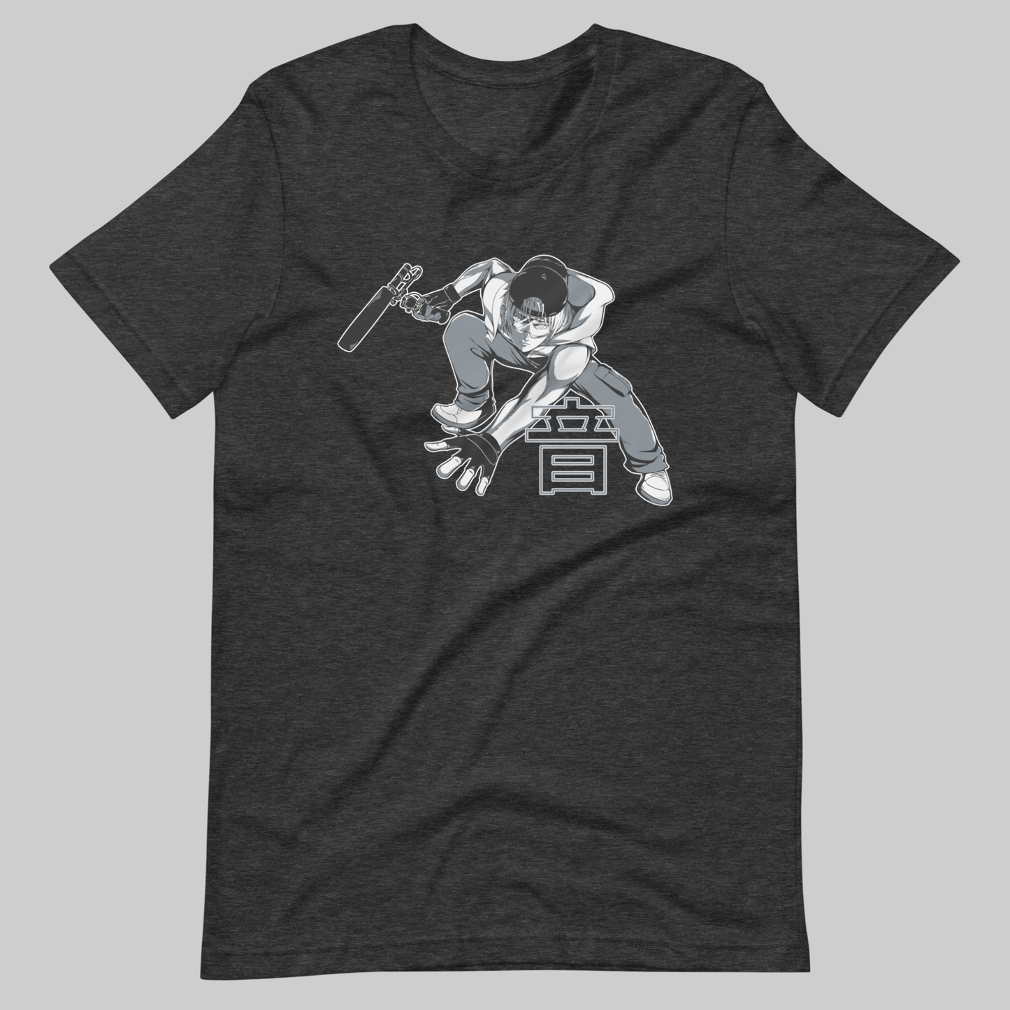 Kenji manga art Sound man Action hero t-shirt. Front view of open grey t-shirt with graphic image of Manga hero character.