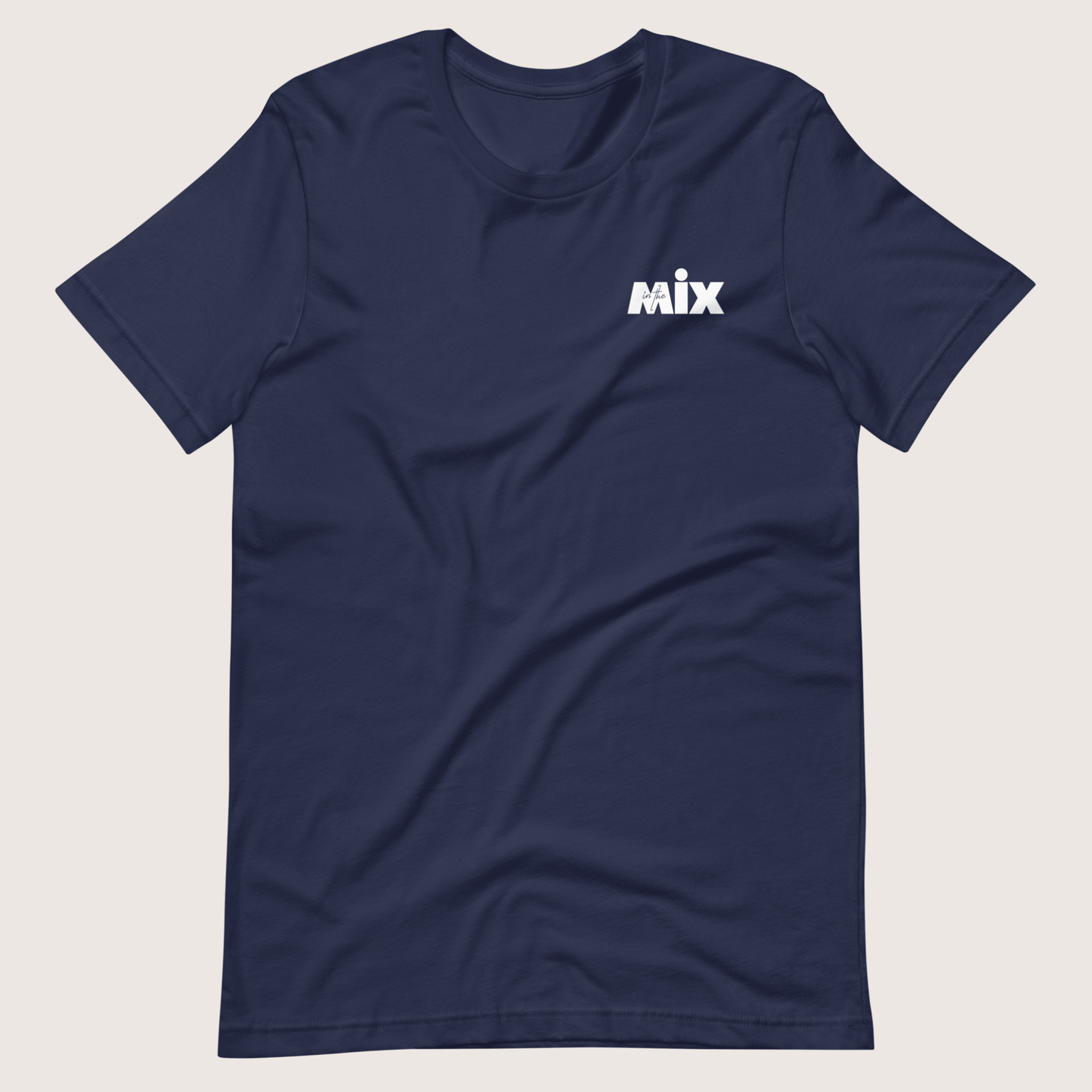 In the Mix 1 Sound mixer graphic t-shirt. Front view of flat open navy t-shirt with text on it that says MIX