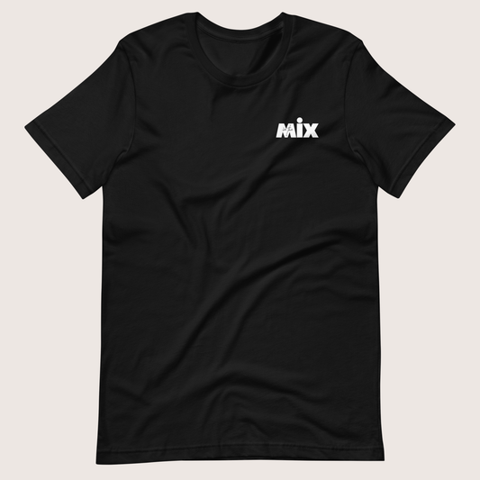 In the Mix 1 Sound mixer graphic t-shirt. Front view of flat open black t-shirt with text on it that says MIX