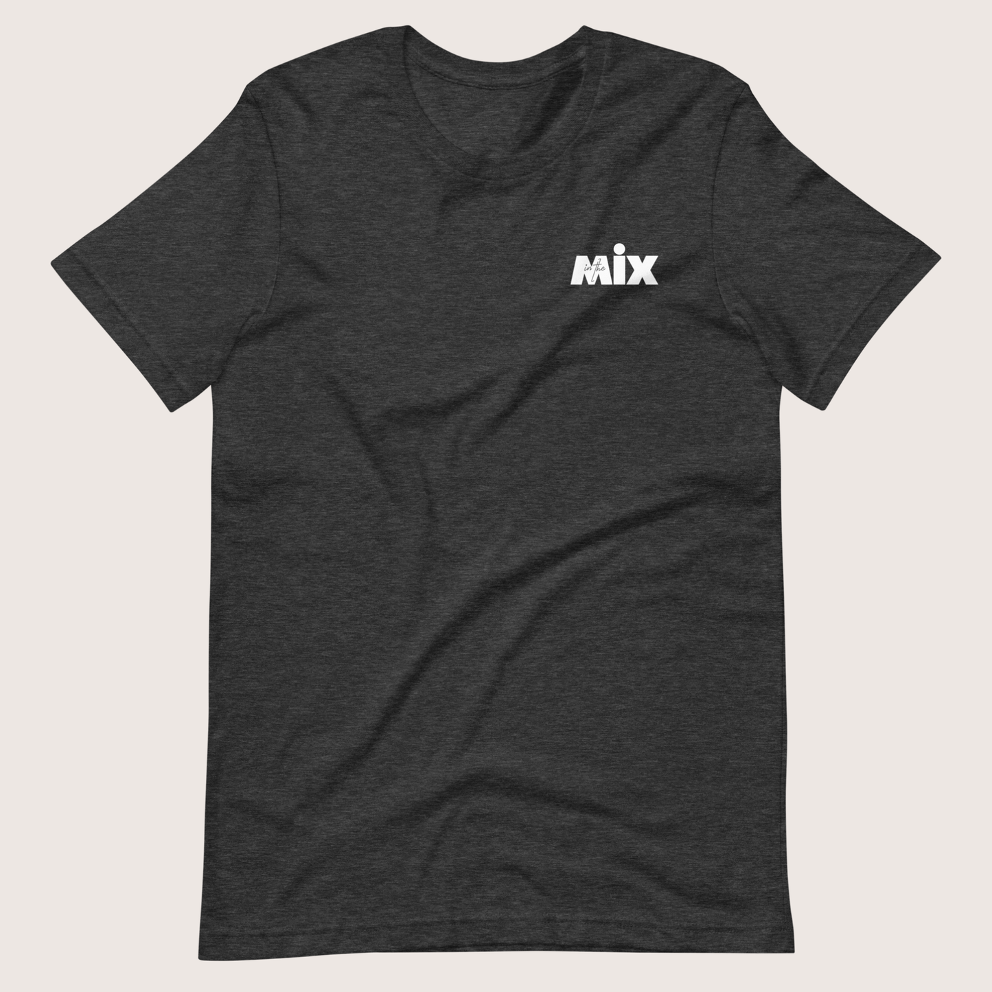 In the Mix 1 Sound mixer graphic t-shirt. Front view of flat open grey t-shirt with text on it that says MIX