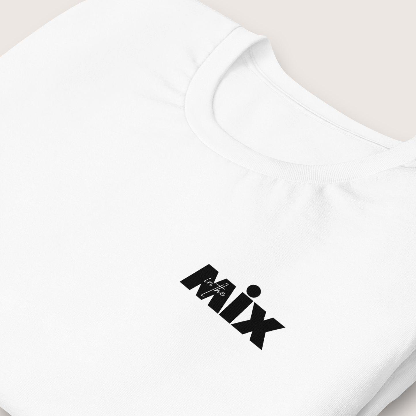 In the Mix 2, Sound Mixer graphic t-shirt. Front view close up of crew neck white t-shirt with text that says MIX