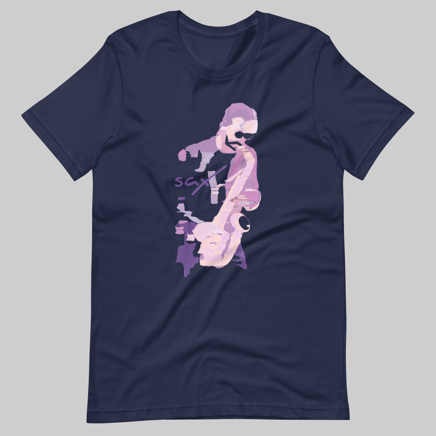 Saxy Man Lavender Notes graphic t-shirt. Front view of navy t-shirt with a graphic design of a saxophone player.