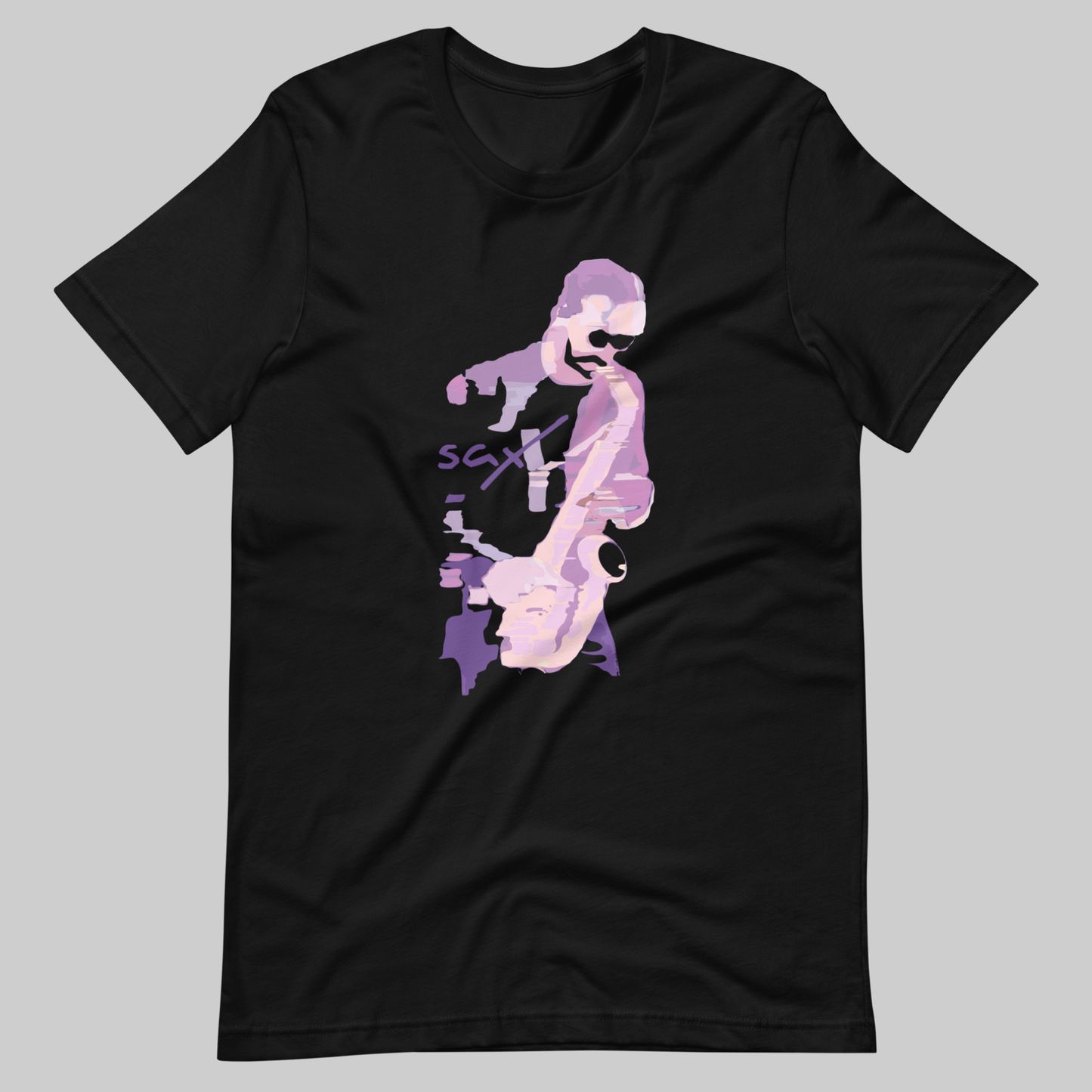 Saxy Man Lavender Notes graphic t-shirt. Front view of black t-shirt with a graphic design of a saxophone player.