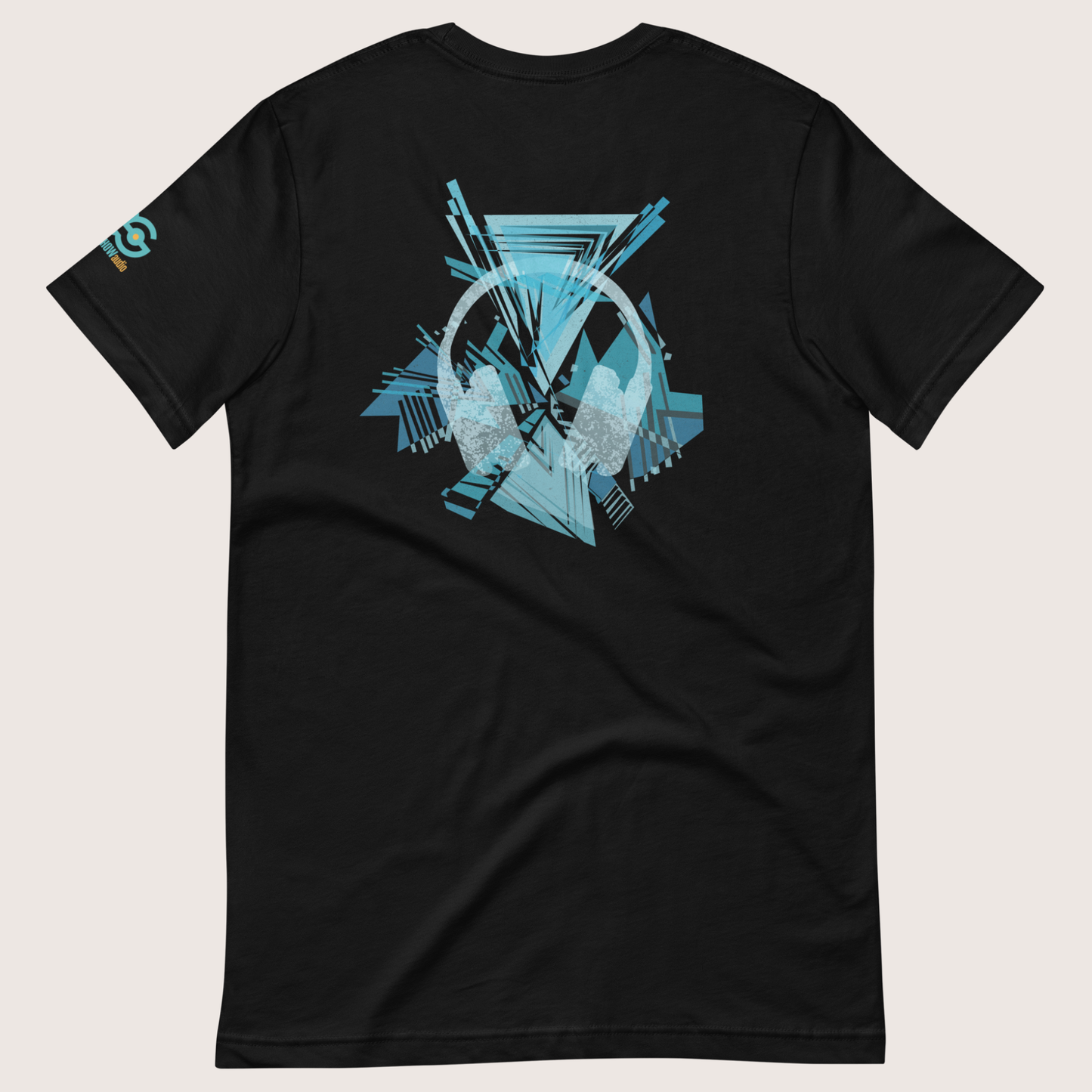 Krystal Kleer HiFi headphones Shatter effect graphic t-shirt. Back view of stretched out black t-shirt showing graphic image of headphones with a shattered glass background. The crew show audio logo is on the left sleeve