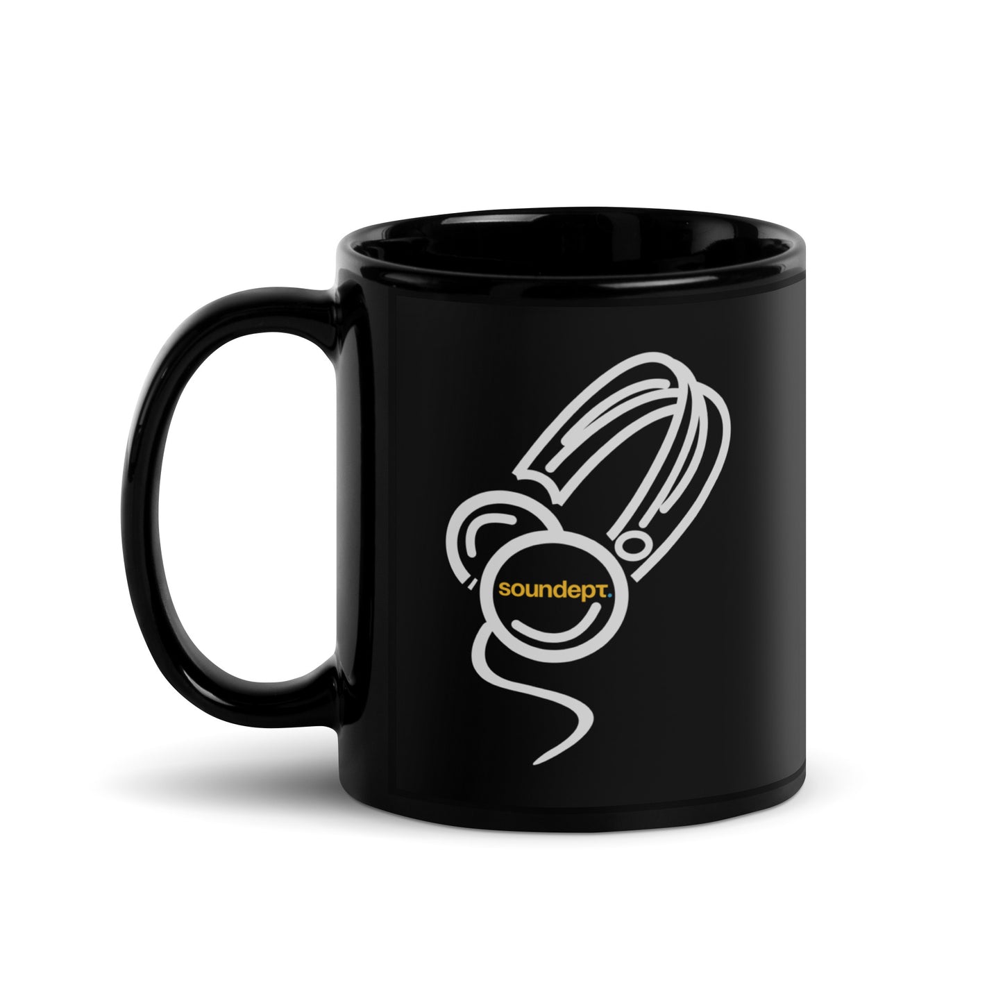 Cantoon Headphone sketch glossy black mug. Side view of black mug with the handle to the left. On the mug is a graphic of headphones drawn cartoon style.