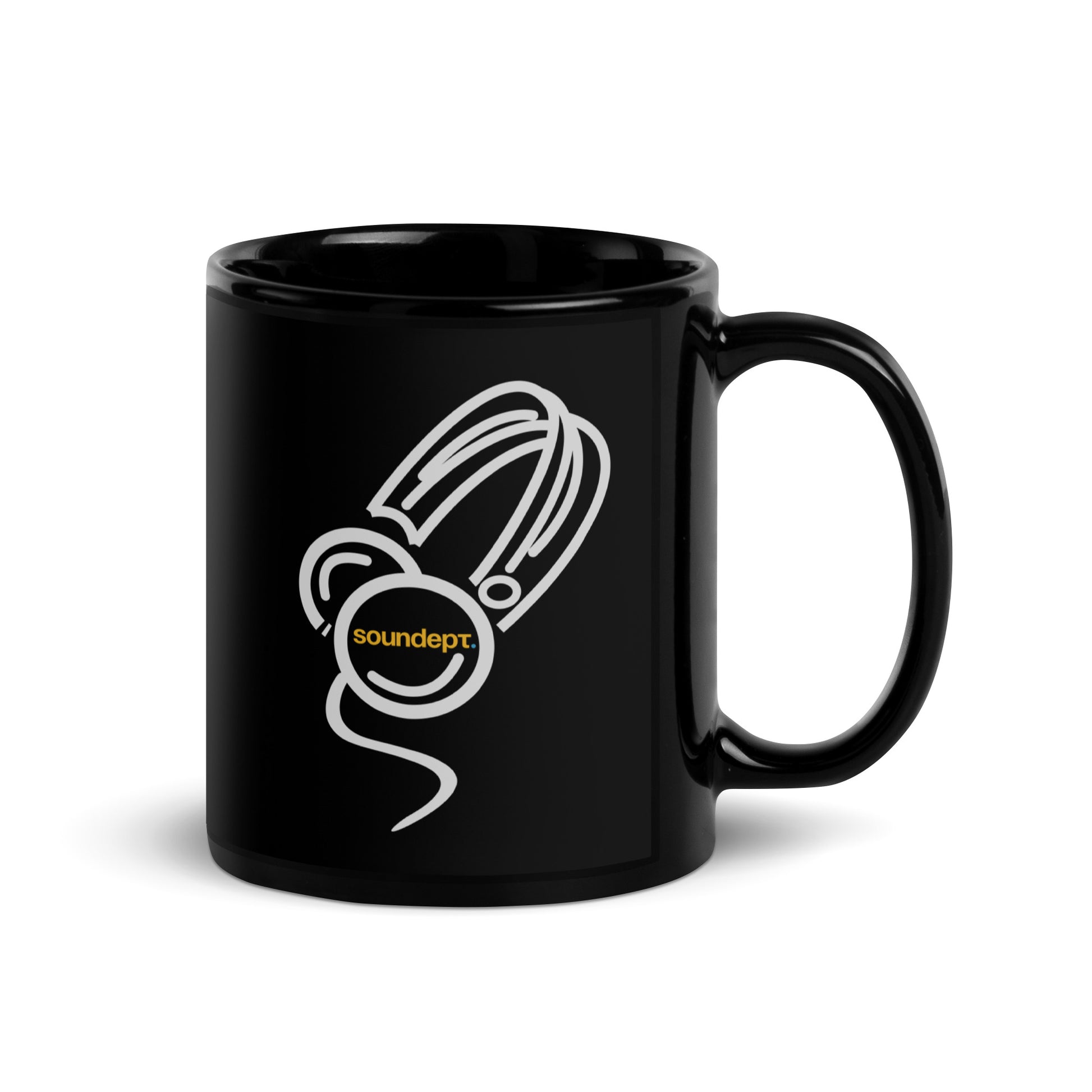 Cantoon Headphone sketch glossy black mug. Side view of black mug with the handle to the right. On the mug is a graphic of headphones drawn cartoon style.