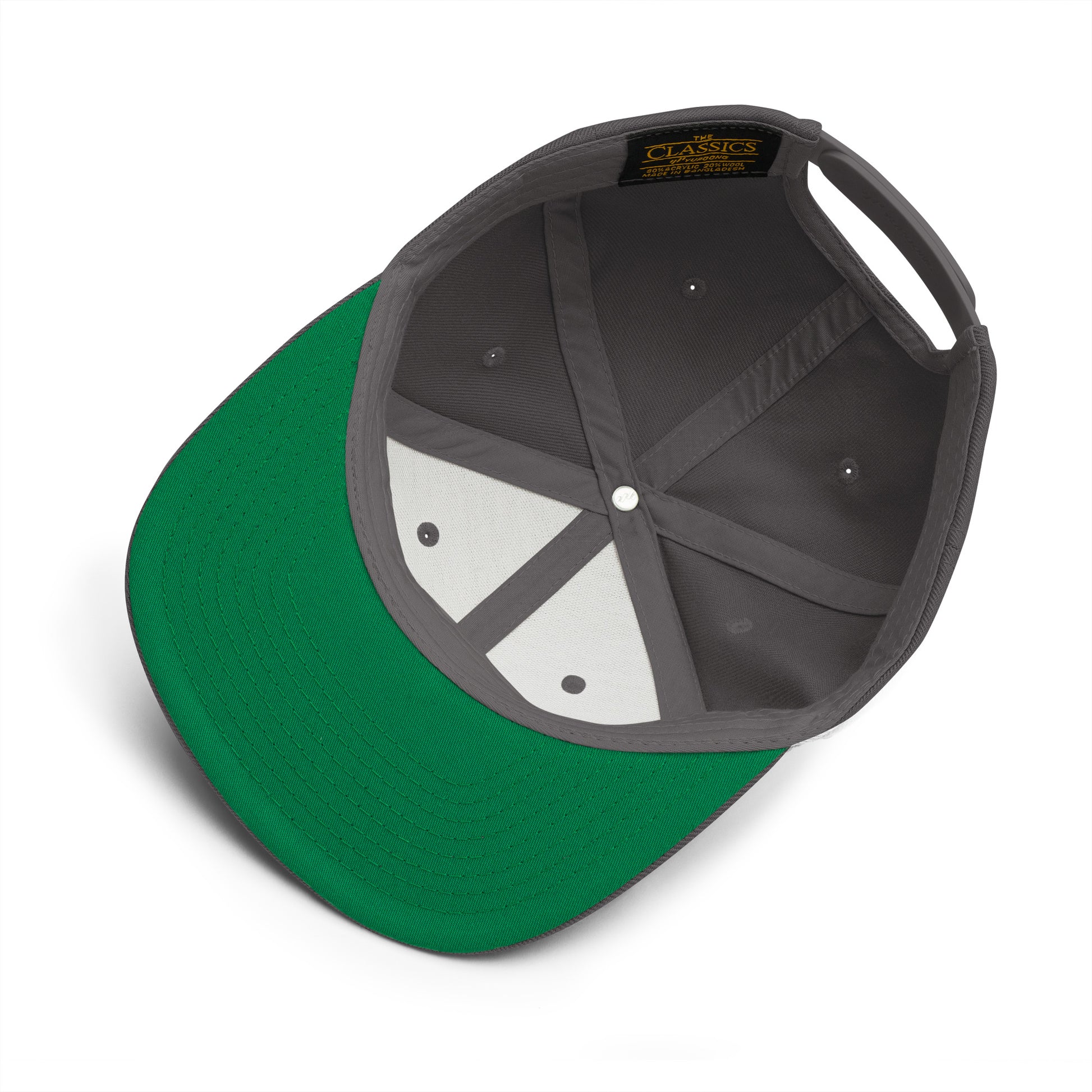 In The Mix embroidered snapback cap. Underside view of grey cap detailing the green undervisor.