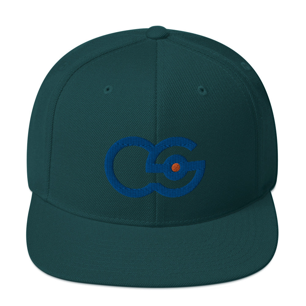 Crew Show logo snapback cap. Close up front view of spruce green colour snapback cap with embroidered Crew Show logo on it.