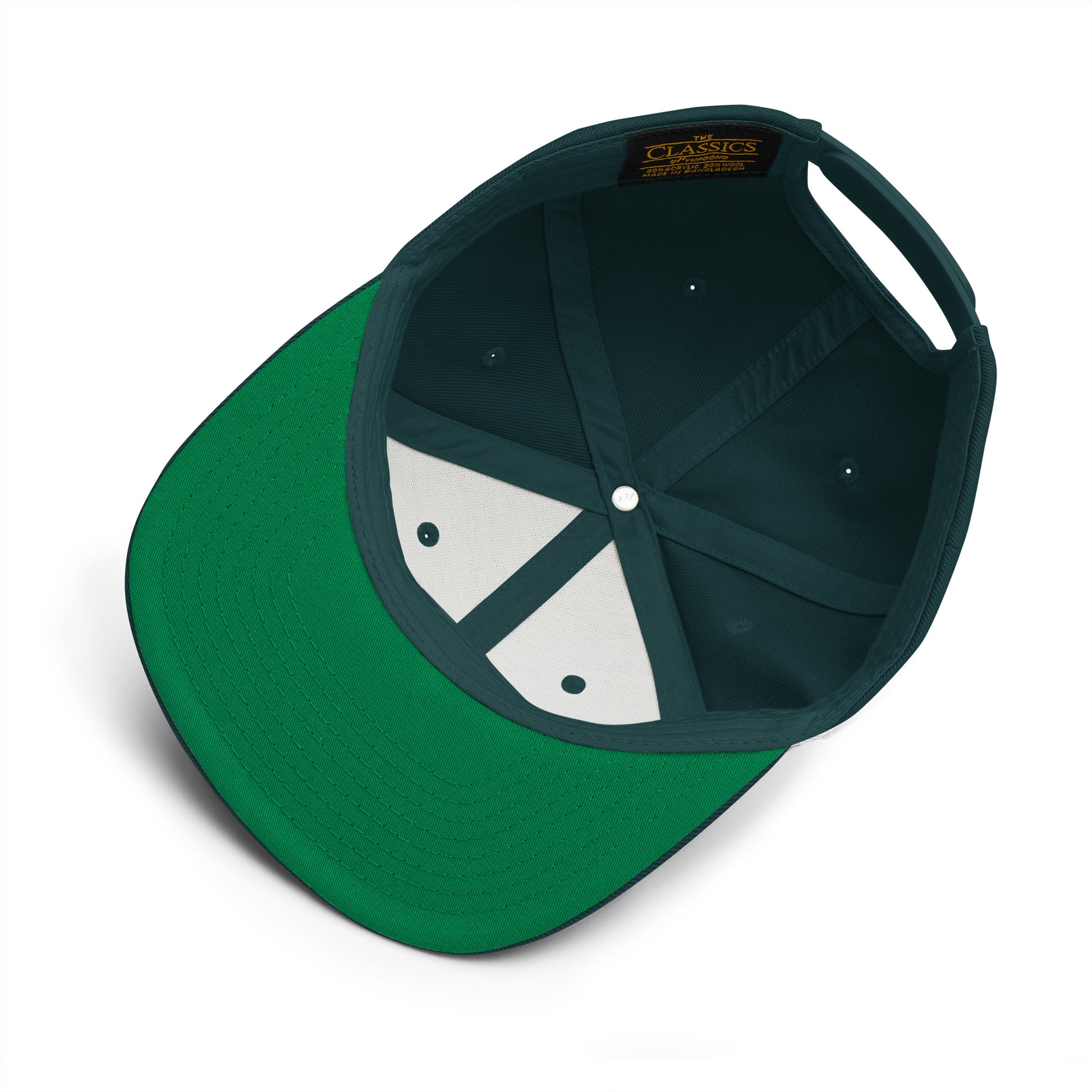 Crew Show logo snapback cap. Close up underside view of spruce green colour snapback cap.