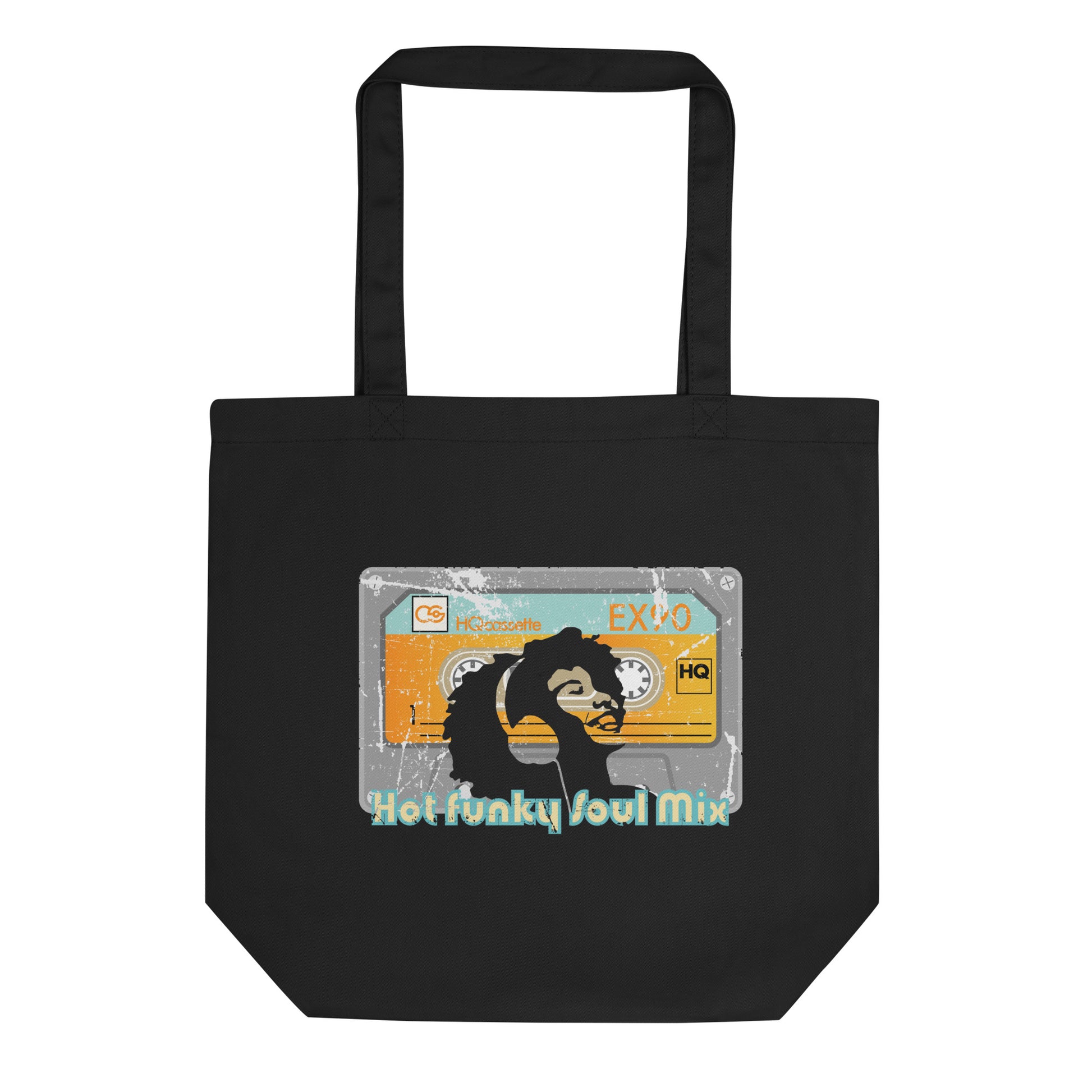 Funky Soul Mix Compact cassette graphic eco tote bag. Front view of a black tote bag with a retro looking graphic of a compact cassette.