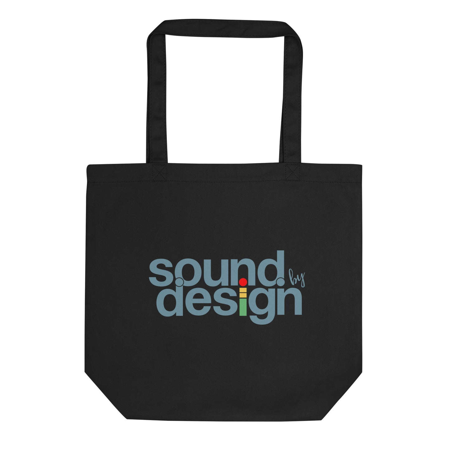 iMeter Sound by Design graphic tote bag. Front view of a black tote bag with a graphic that says Sound by Design.