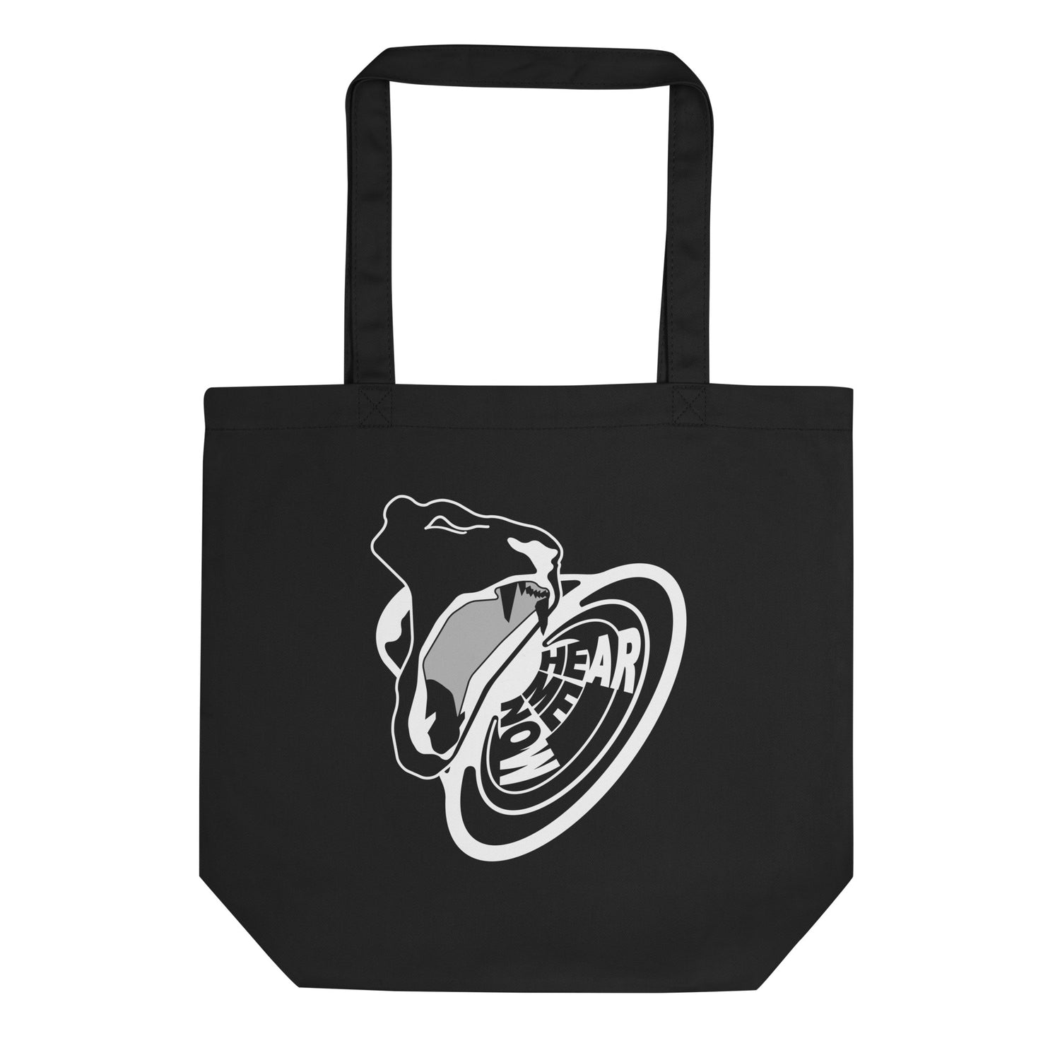 Hear Me Now Sound Broadcast graphic tote bag. Front view of a black tote bag with a graphic of a roaring lion.