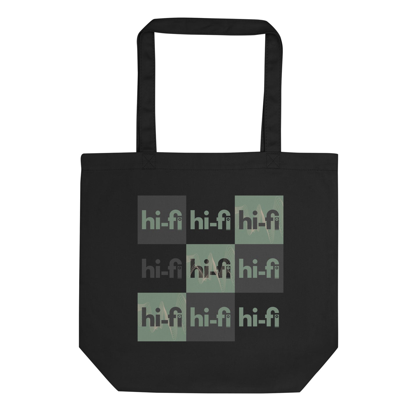 HiFi Systems The Stack eco tote bag. Front view of a black tote bag with graphic that says hifi.