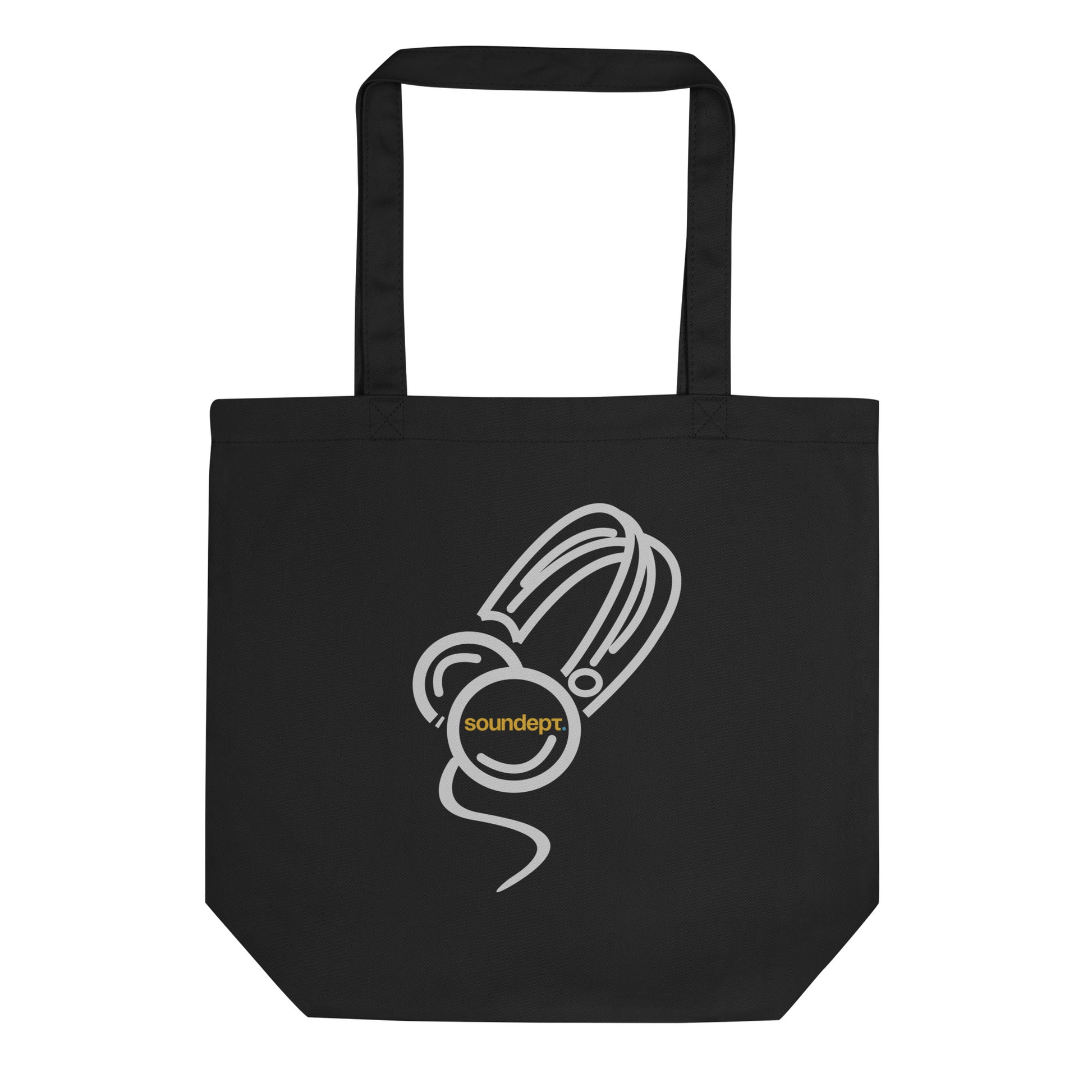 Cantoon Heaphone Sketch tote bag. Front view of black tote bag with a graphic of headphones drawn cartoon style.