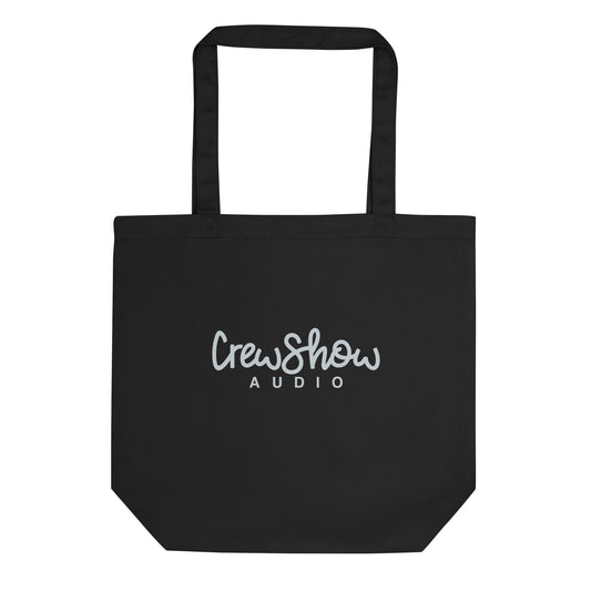 Crew Show Audio Script tote bag. Front view of a black tote bag with text that says Crew Show Audio in a script style font.