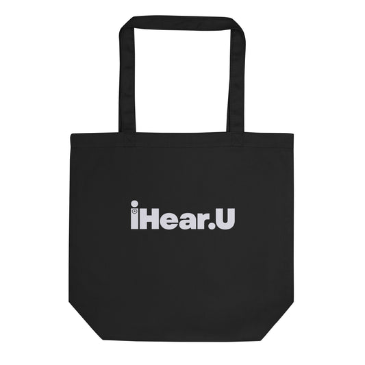 iHearU Loud and clear eco tote bag. Front view of black bag with text that says iHearU.