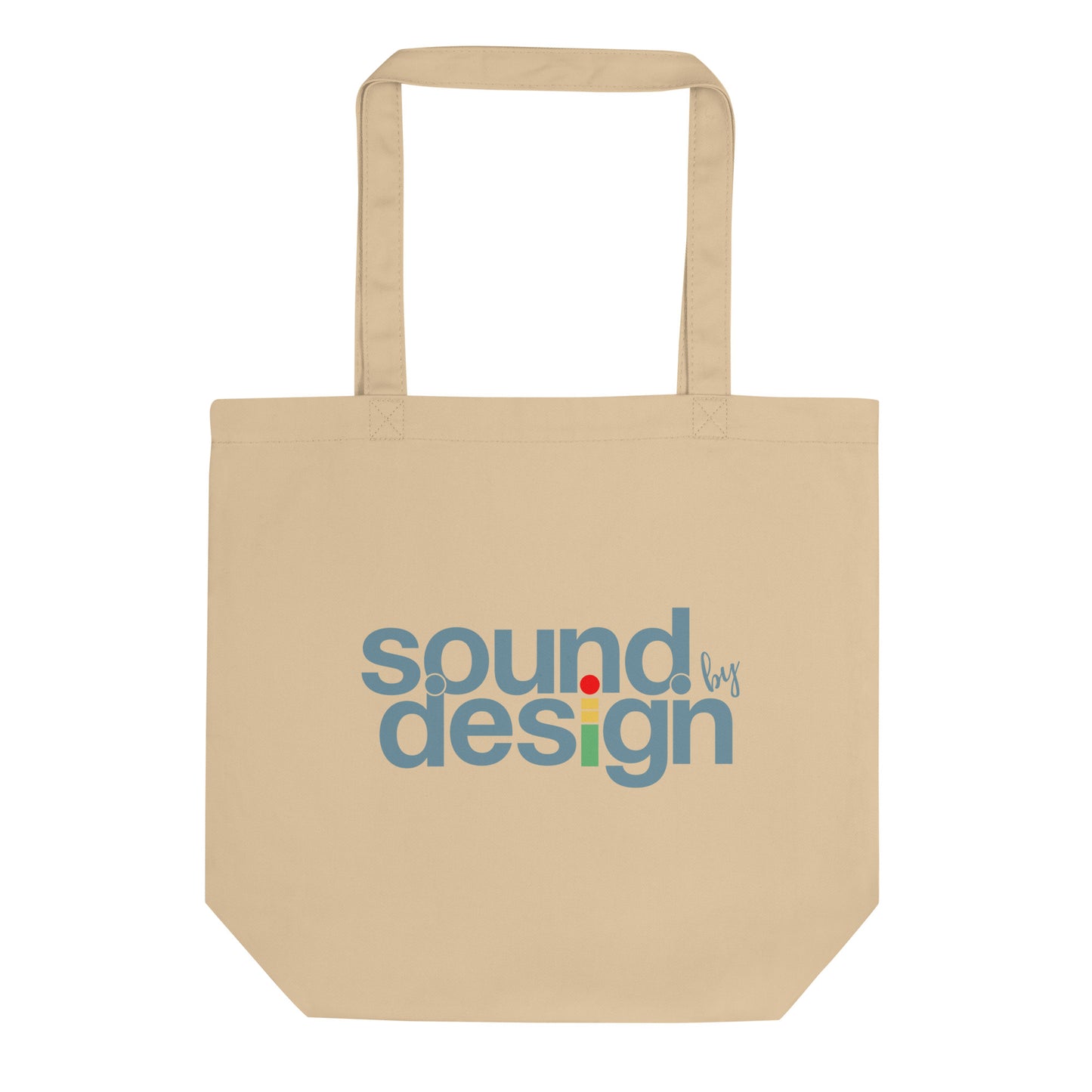 iMeter Sound by Design graphic tote bag. Front view of an oyster colour tote bag with a graphic that says Sound by Design.