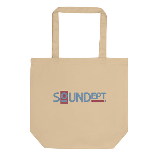 Crew Show Audio Sound Dept. No.1 Tote bag. Front view of an oyster beige colour tote bag with a Soundept graphic.