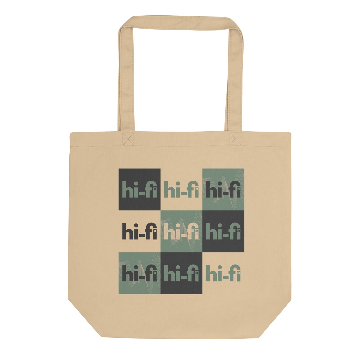 HiFi Systems The Stack eco tote bag. Front view of oyster beige colour tote bag with graphic that says hifi.