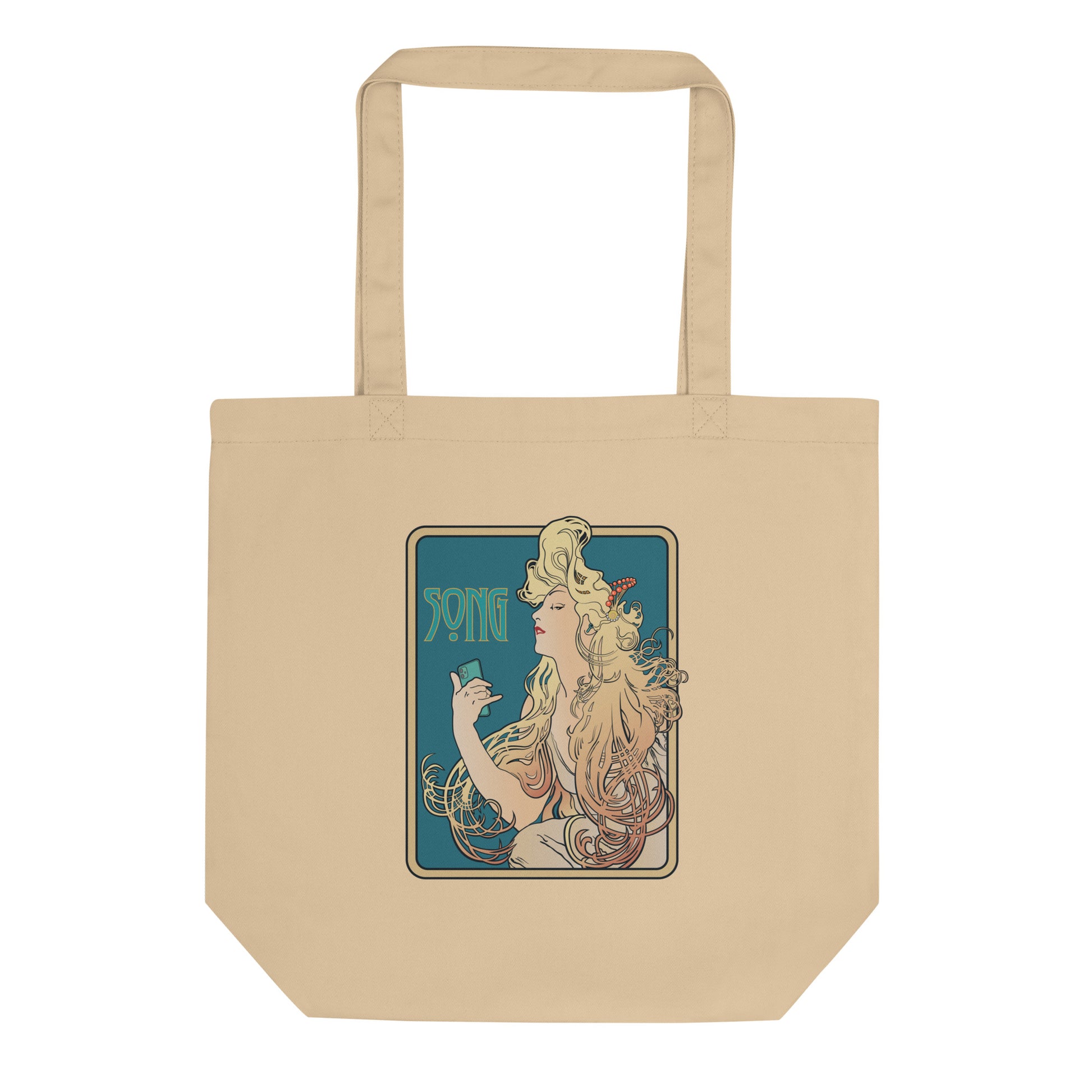 Nouveau Song Mucha Style tote bag. Front view of an oyster beige colour tote bag with an art nouveau style graphic on it.