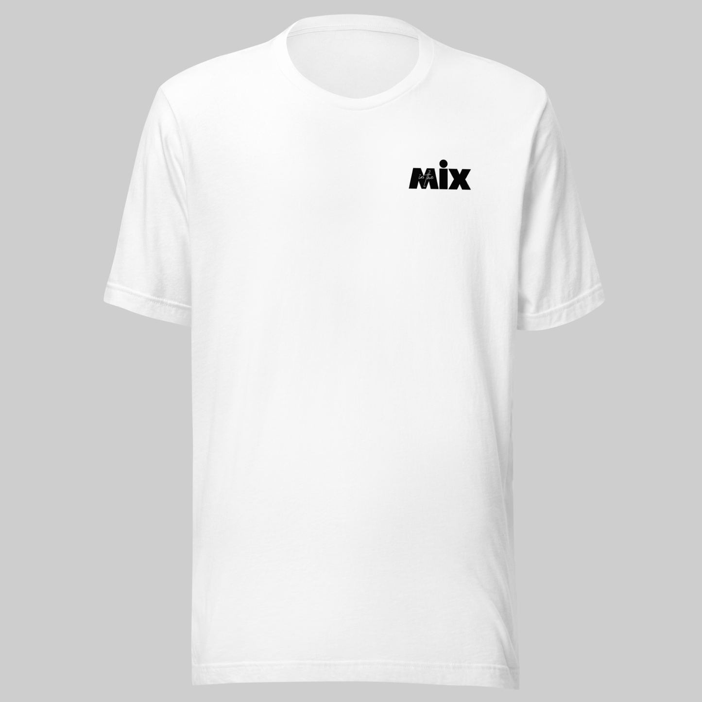 In the Mix 2, Sound Mixer graphic t-shirt. Front view of white t-shirt with text that says MIX