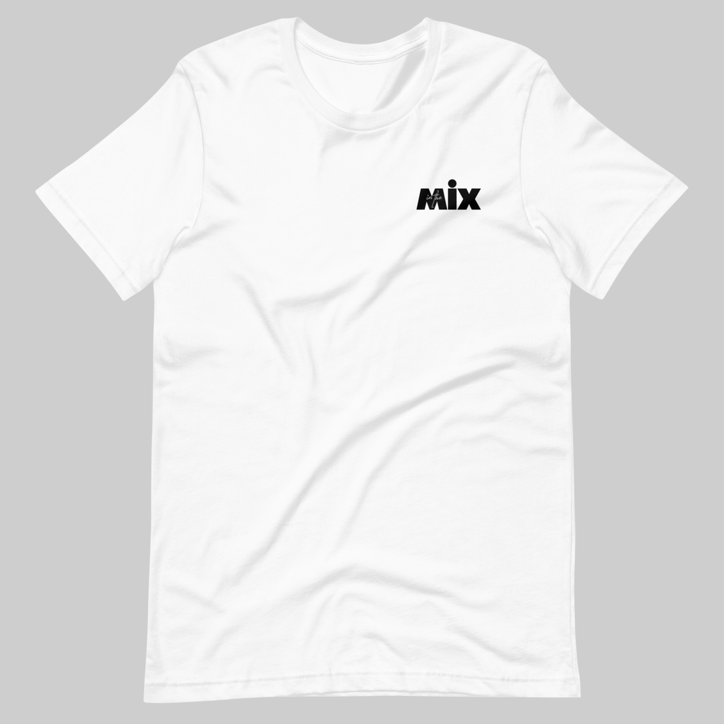 In the Mix 2, Sound Mixer graphic t-shirt. Front view of flat open white t-shirt with text that says MIX