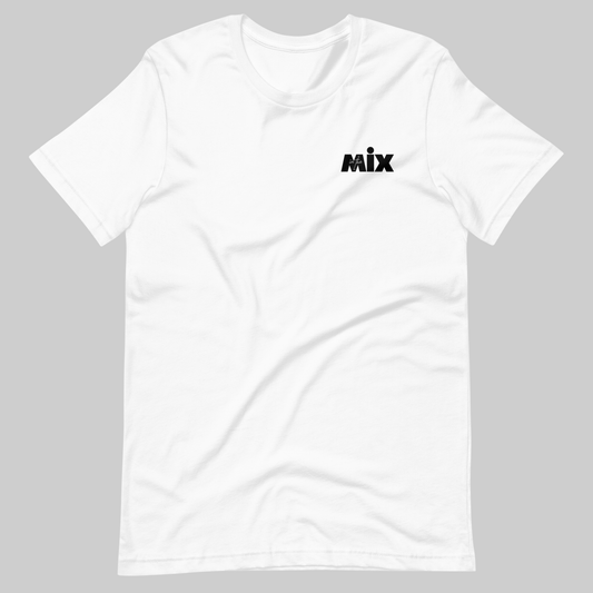 In the Mix 2, Sound Mixer graphic t-shirt. Front view of flat open white t-shirt with text that says MIX