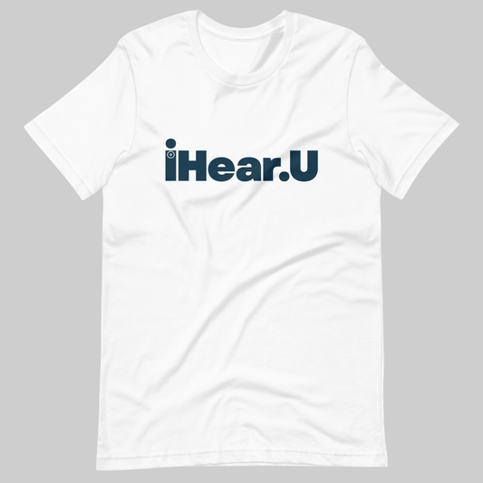 iHearU Loud & Clear graphic T-shirt. Front view of a white t-shirt that says iHearU