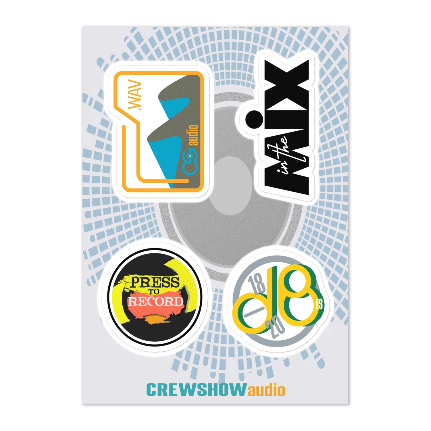 Crew Show Audio Production Sound sticker sheet No.1.  Front view of sticker sheet with 4 separate sticker designs.