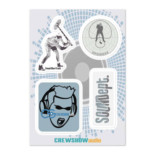 Crew Show Audio Sound Sticker Collection No.5. Front view of sticker sheet with 4 sound themed stickers.