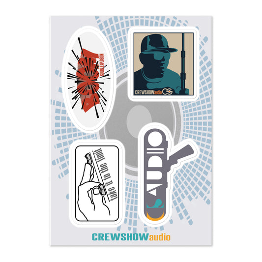 Crew Show Audio Sound Sticker Collection No.6. Front view of sticker sheet with 4 sound themed stickers.