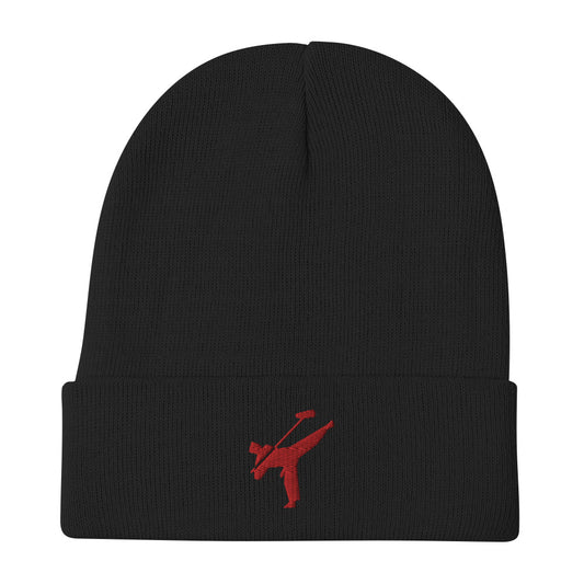 Art Form Red boom op icon embroidered beanie. Front view of a black beanie with an embroidered red graphic of a martial arts fighter.