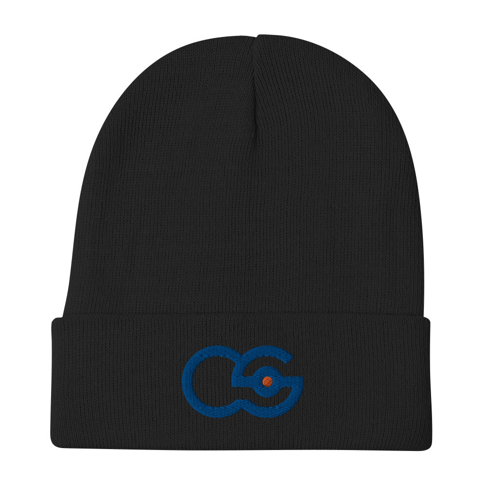 Crew Show Audio Logo embroidered beanie. Front view of black beanie with an embroidered graphic of the letters CS.